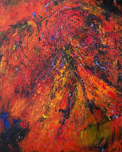 Abstrakte Acrylmalerei in Rot-, Orange- und Blaut&ouml;nen mit dynamischen Farbverl&auml;ufen und Schichtungen, K&uuml;nstlerin Anne Olbrich